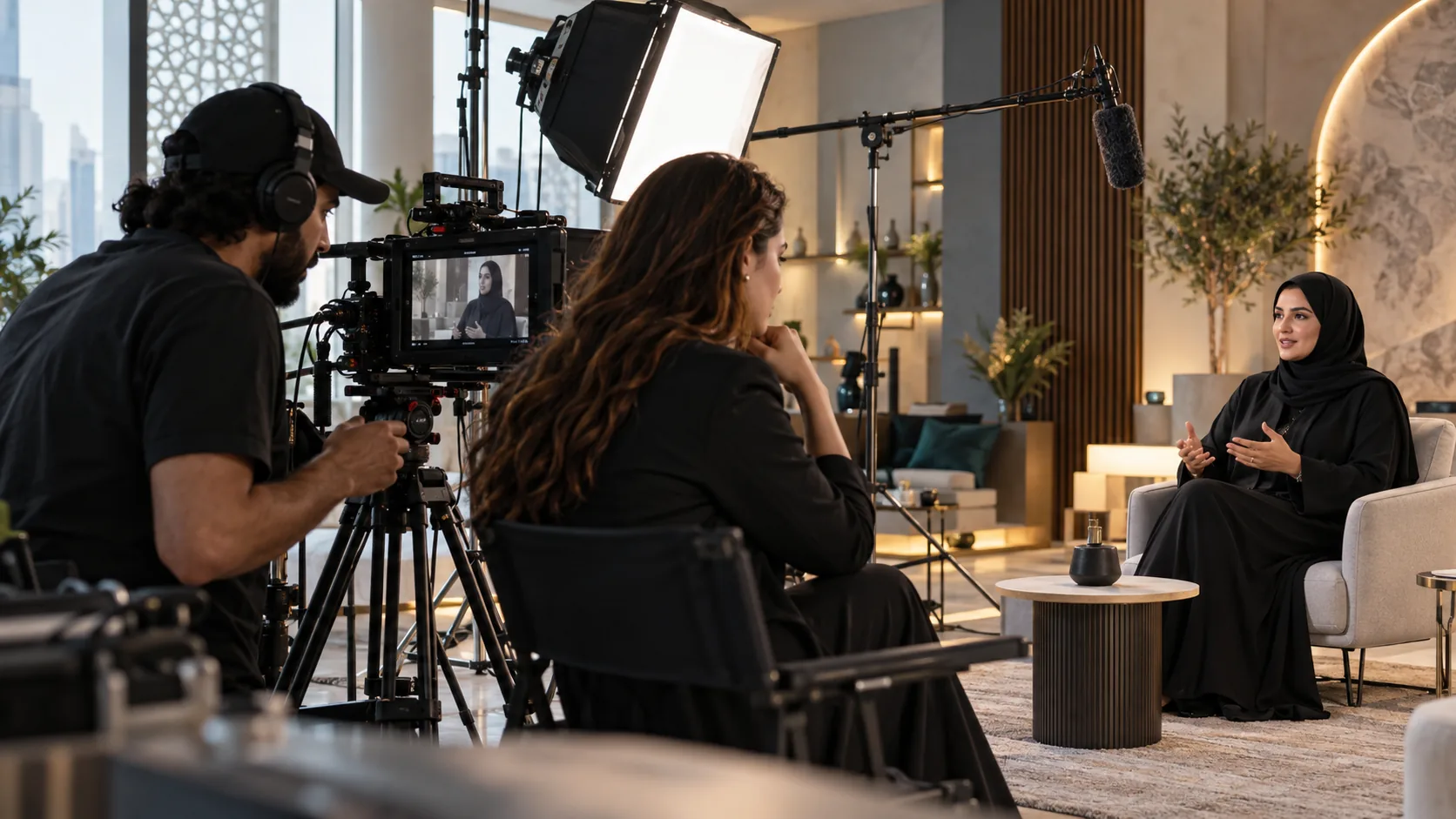 Dubai video production crew filming a bilingual brand interview with camera, lighting and director monitor
