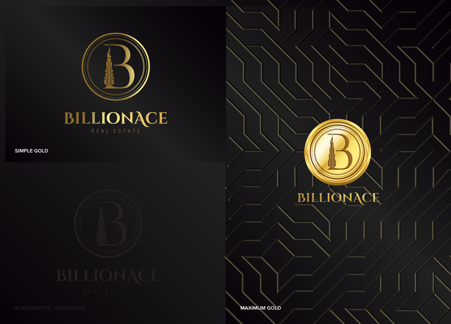 Billionance logo color variations and patterned brand application