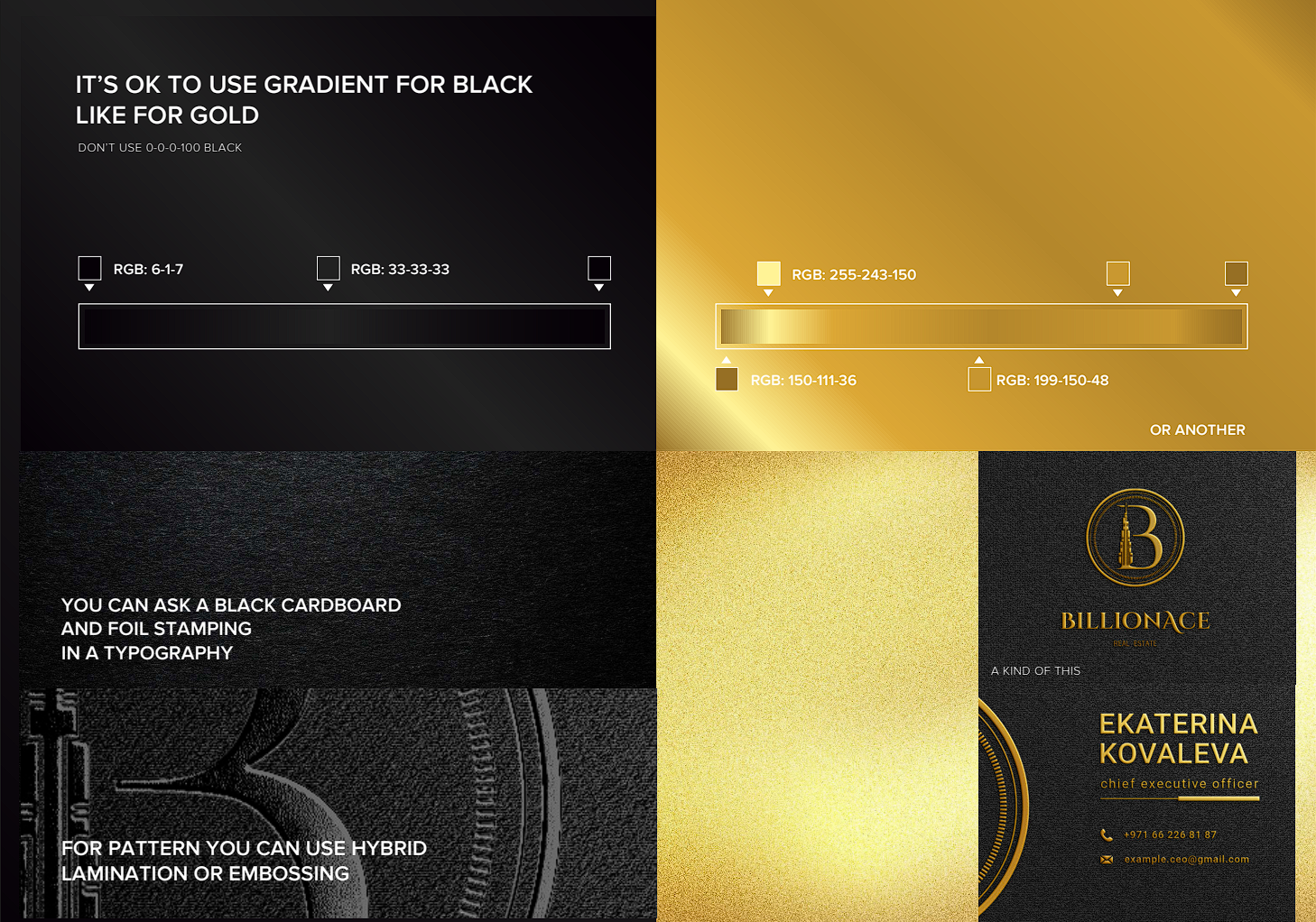 Billionance black and gold color and texture guidelines