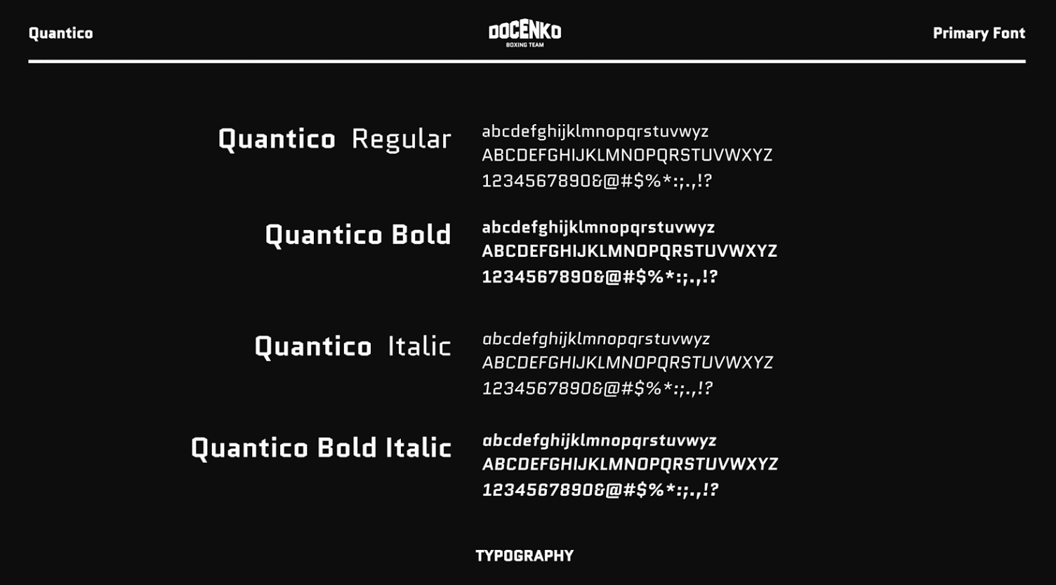 DOCENKO Boxing Team typography system featuring Quantico font styles