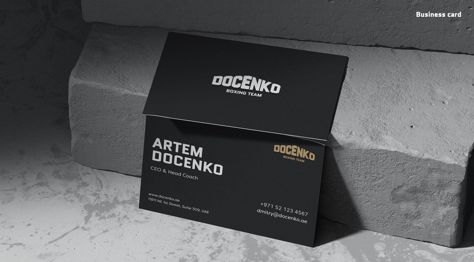 DOCENKO Boxing Team black business card design with gold accent logo