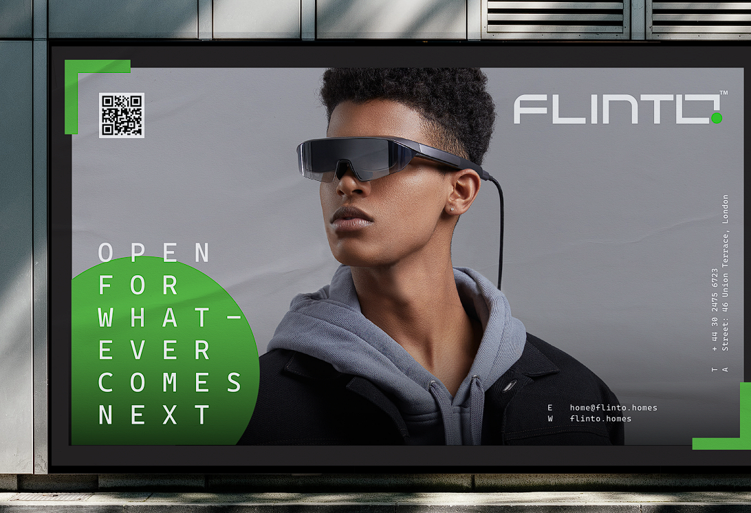 FLINTO outdoor campaign billboard with green digital accents