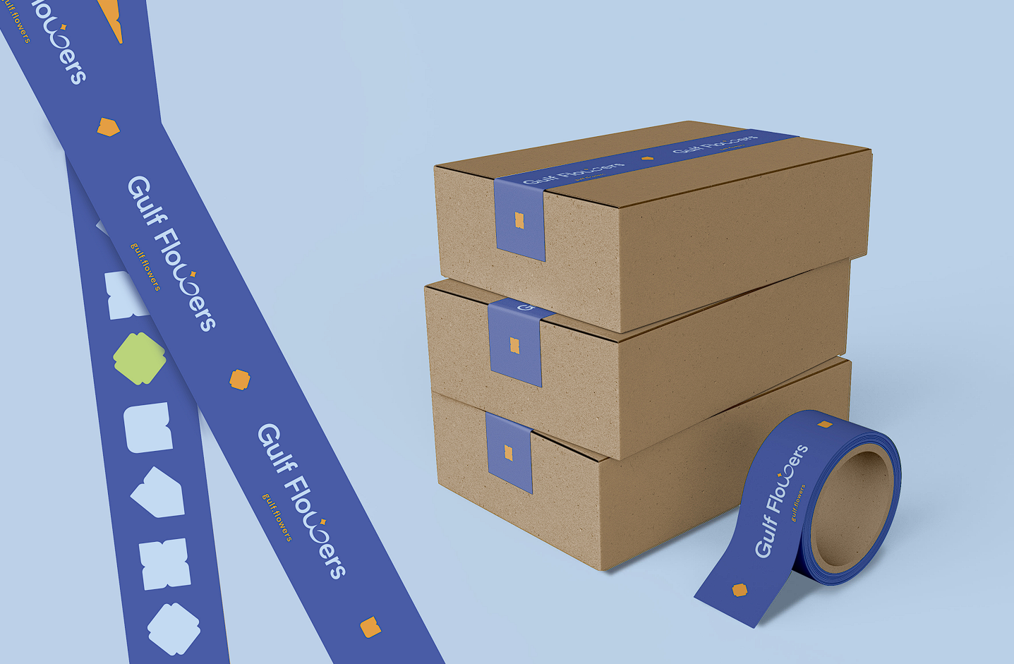 Gulf Flowers branded tape and shipping box packaging mockup