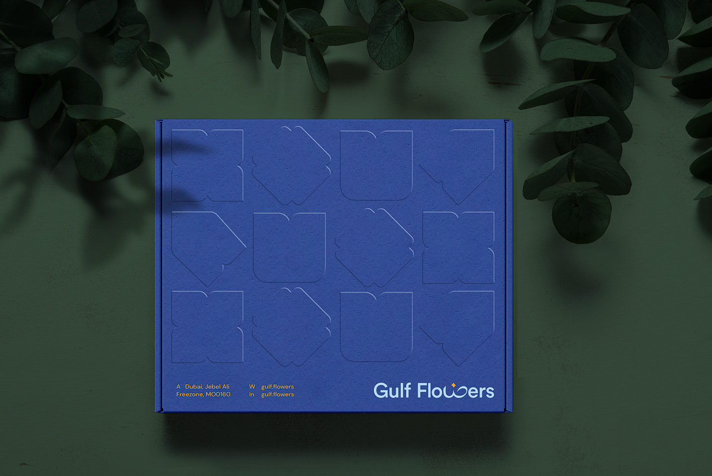 Gulf Flowers embossed box design with repeating icon pattern