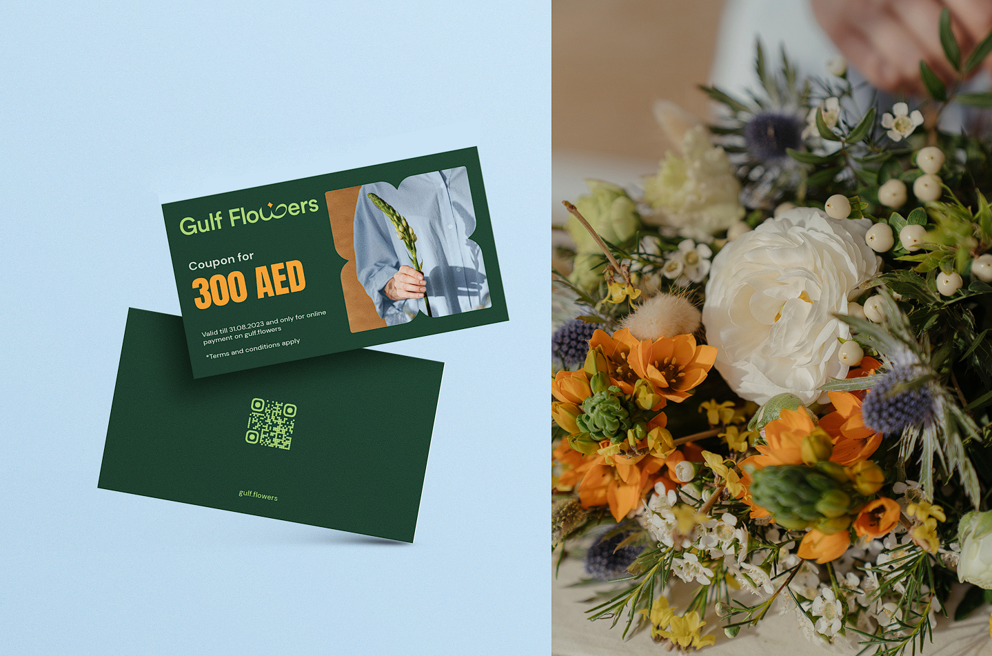 Gulf Flowers promotional coupon card next to fresh bouquet photo