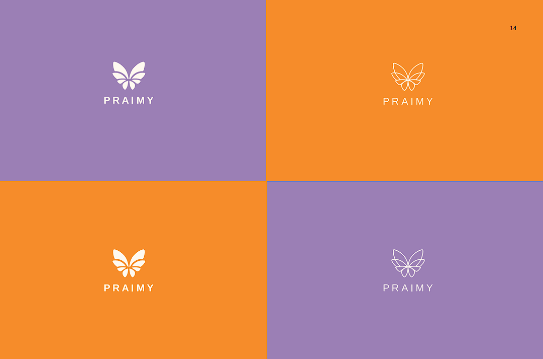 PRAIMY logo color variations on purple and orange backgrounds
