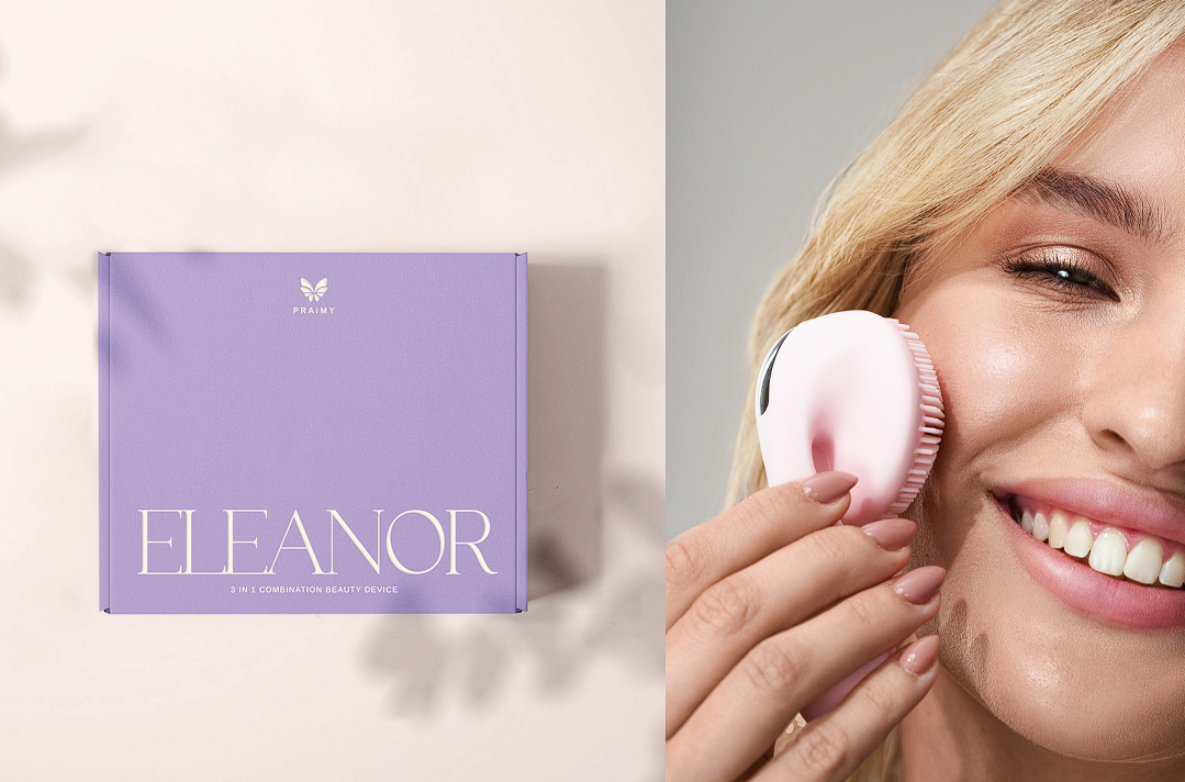 PRAIMY ELENOR product box and skincare device lifestyle image