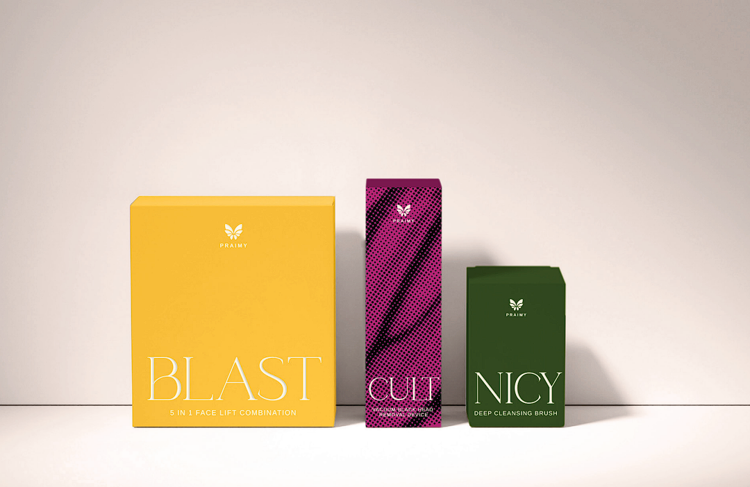 PRAIMY product packaging lineup for BLAST, CUT and NICY